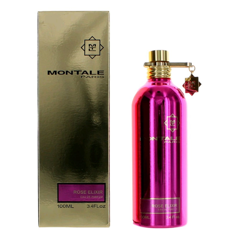 Montale Rose Elixir 3.3 oz Eau de Parfum for women, featuring a floral rose scent in a sleek bottle.