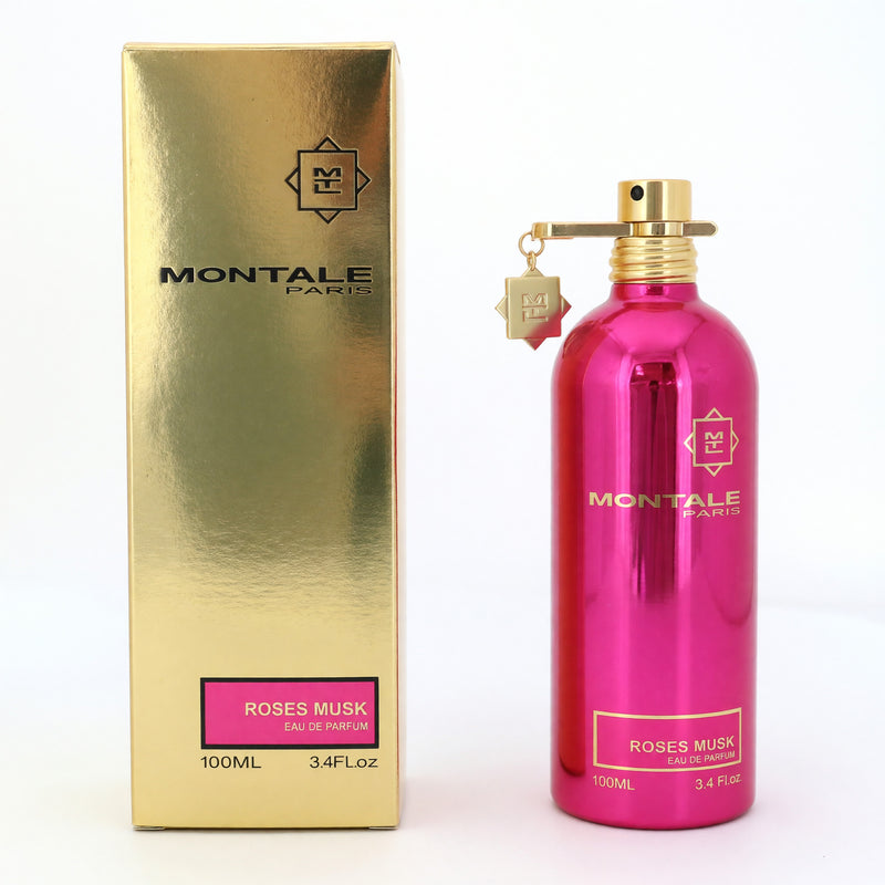 Montale Roses Musk 3.4 oz EDP spray for women, featuring elegant floral rose and musk scent in a sleek bottle.