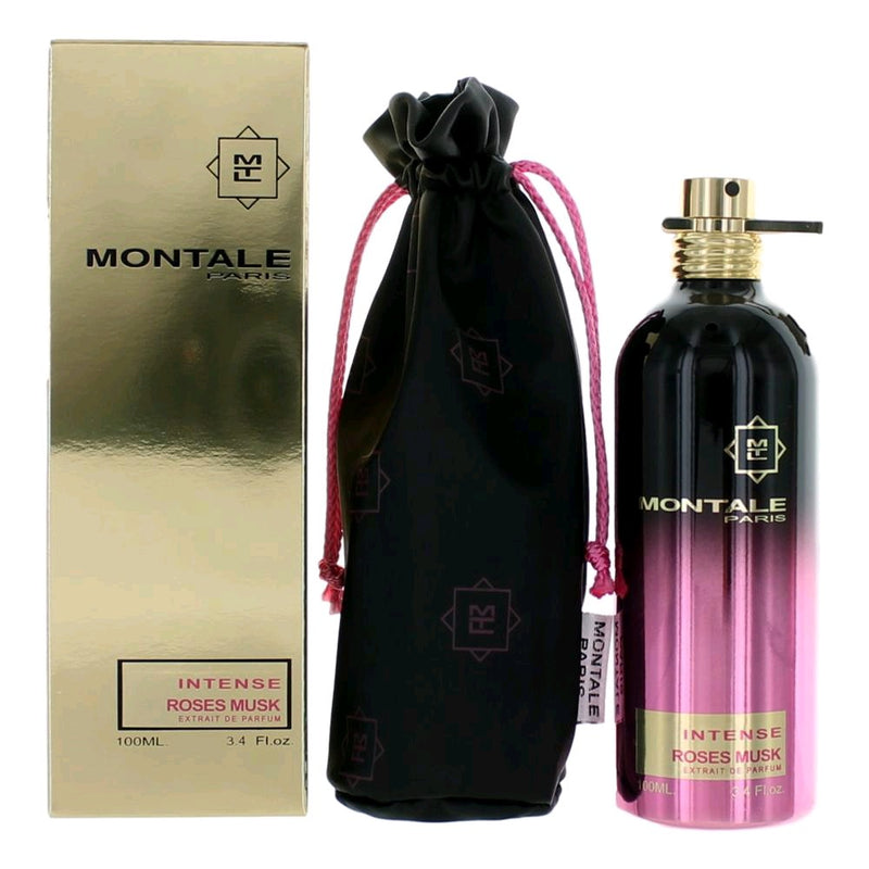 Montale Intense Roses Musk perfume spray for women, 3.4oz, featuring a floral musk scent with elegant packaging.