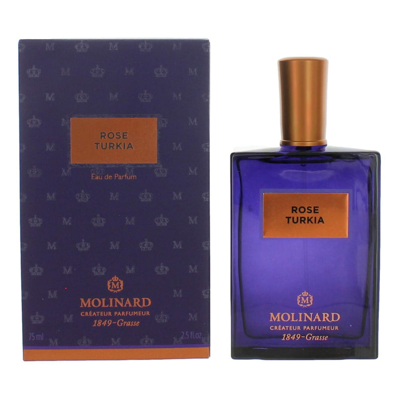 Molinard Rose Turkia 2.5 oz unisex EDP spray bottle with elegant floral packaging.