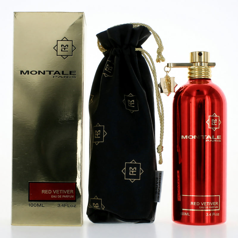 Montale Red Vetiver 3.4 oz men's EDP spray bottle with red and black packaging, featuring a sleek design.