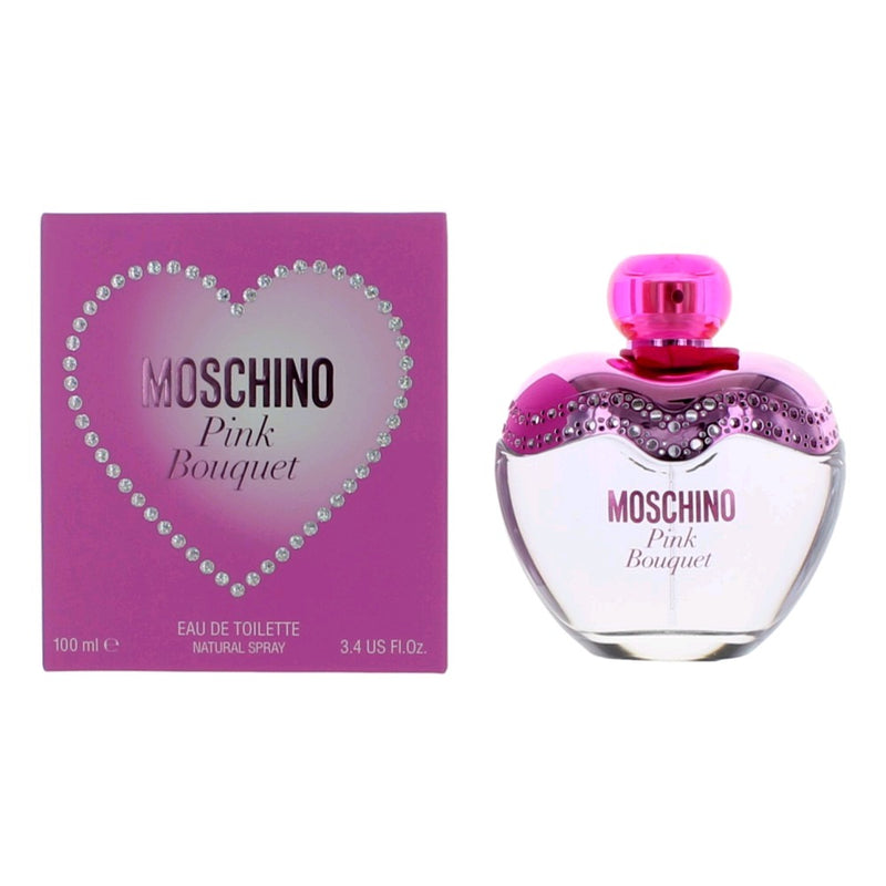 Moschino Pink Bouquet 3.4 oz EDT spray for women, featuring a pink floral perfume bottle with a colorful bouquet design.