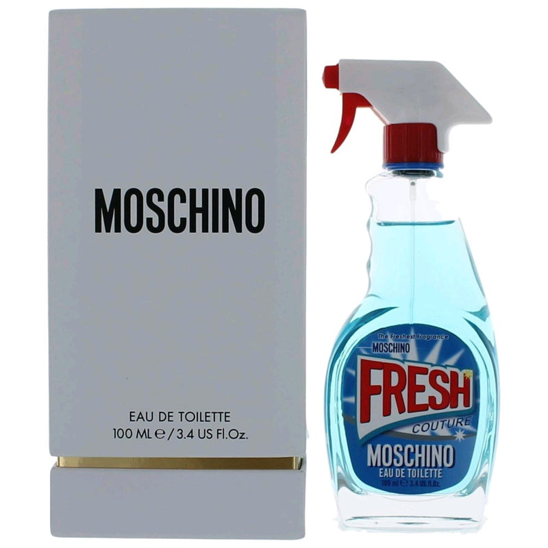 Moschino Fresh Couture 3.4 oz women's EDT spray bottle with colorful packaging and stylish Moschino branding.
