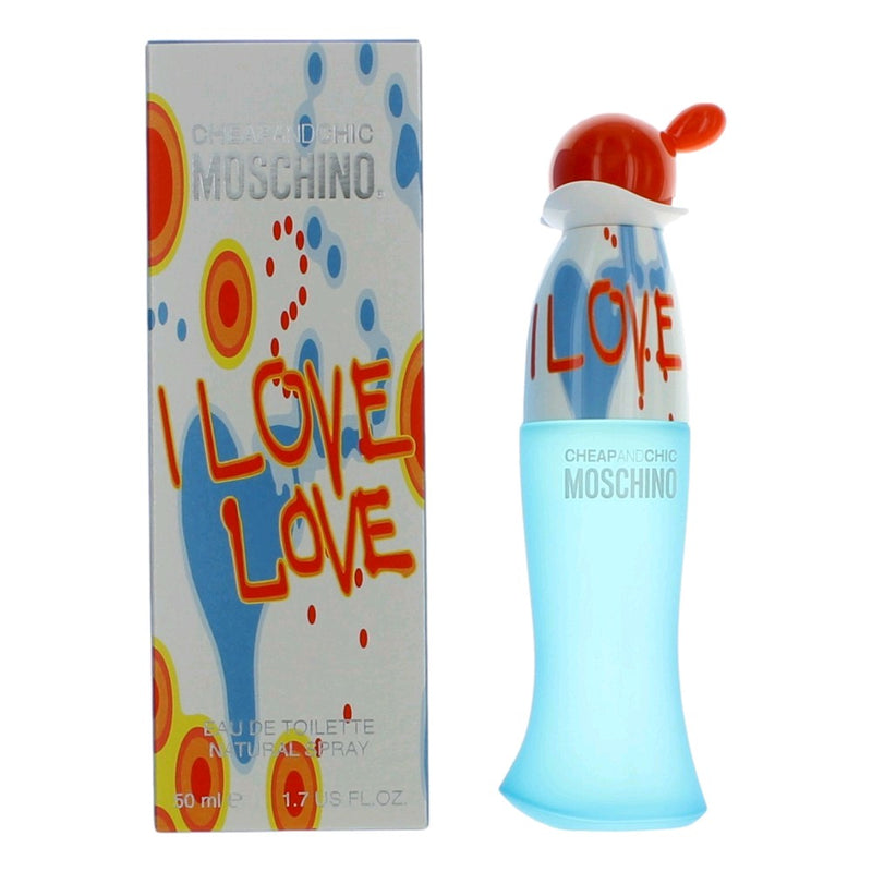 Moschino I Love Love Cheap & Chic 1.7 oz EDT spray for women, showcasing the perfume bottle with colorful design.