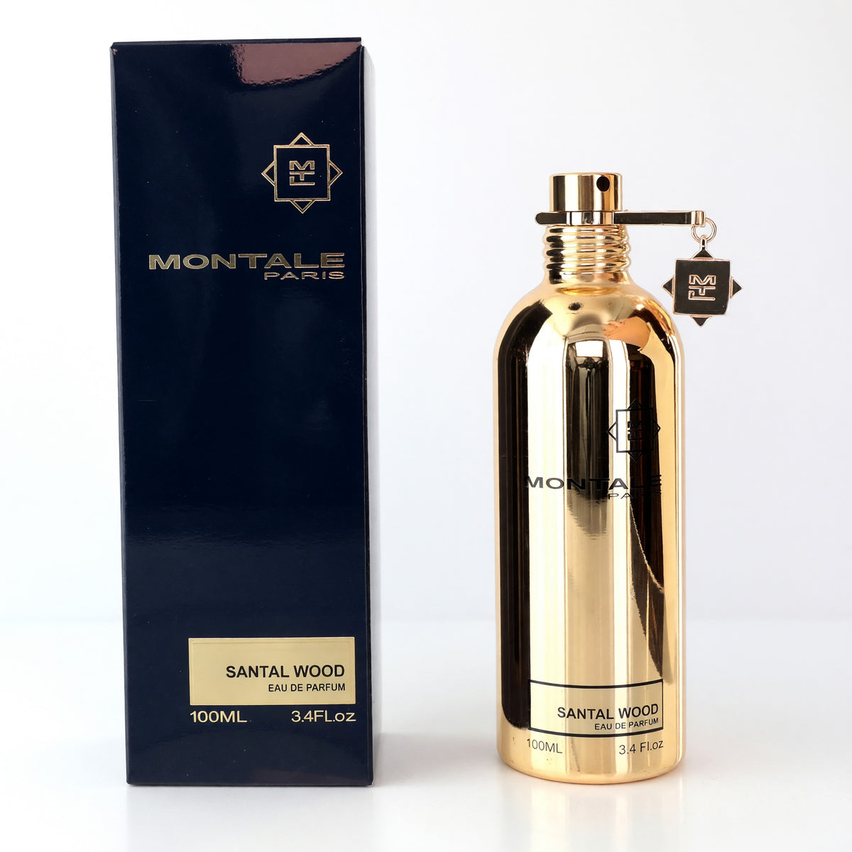 Montale Santal Wood 3.4 oz unisex EDP spray bottle with elegant packaging and product label visible.
