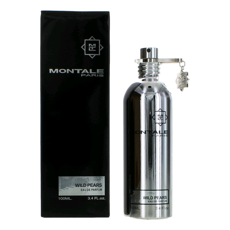 Montale Wild Pears 3.4 oz EDP spray for women, featuring a sleek bottle with a silver cap and fresh pear-inspired fragrance.