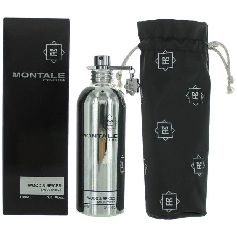 Montale Wood & Spices 3.4 oz men's Eau de Parfum spray, featuring a dark glass bottle with a textured cap and elegant design.