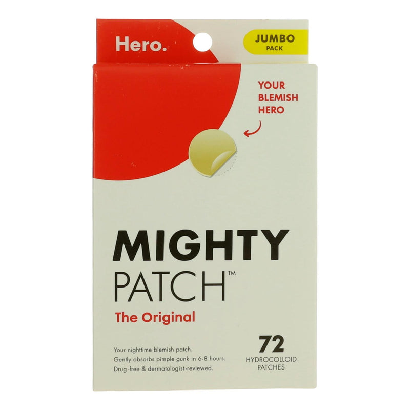 Hero Cosmetics Mighty Patch 72 hydrocolloid acne patches on clear skin, showcasing their transparent, skin-toned design for blemish treatment.