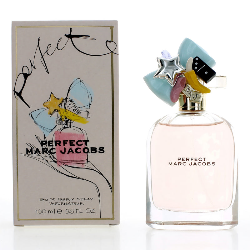 Marc Jacobs Perfect 3.3 oz women's EDP spray bottle with sleek design and floral accents.
