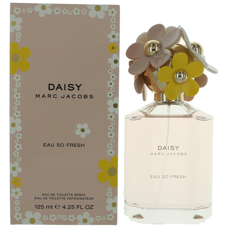 Marc Jacobs Daisy Eau So Fresh 4.2 oz EDT spray for women, featuring a floral fragrance with colorful daisy accents.