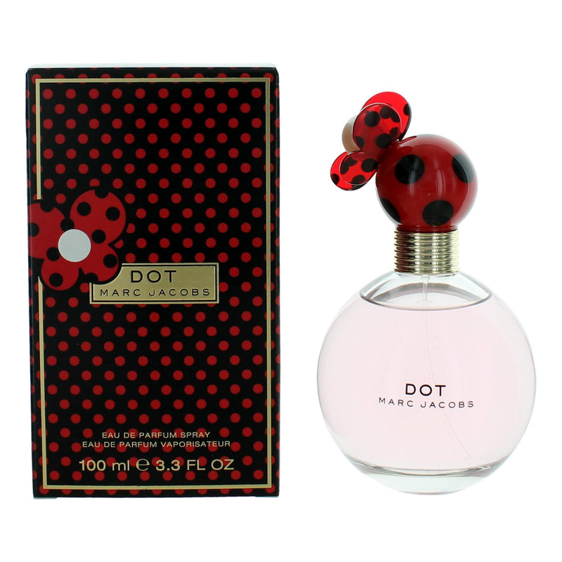 Marc Jacobs Dot 3.3 oz women’s Eau de Parfum spray bottle with colorful dotted design and elegant shape.