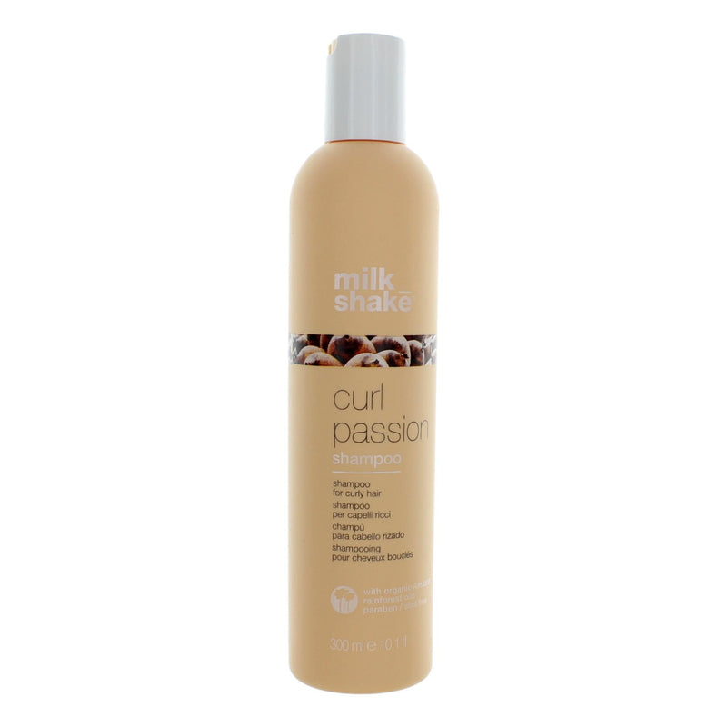 Milkshake Curl Passion shampoo bottle from Milkshake Hair, 10.1 oz, with curly hair illustration on the label.