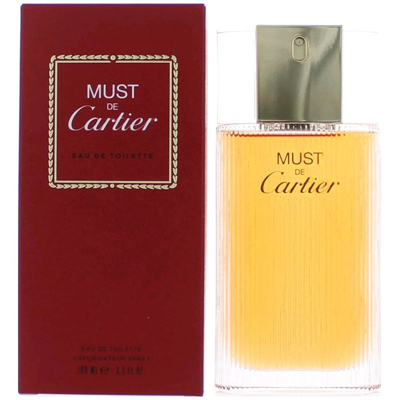 Cartier Must De Cartier women’s 3.3 oz EDT spray bottle with elegant packaging and gold accents.