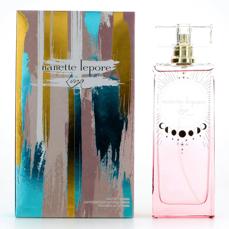Luna by Nanette Lepore 3.4 oz women's EDP spray bottle, elegant packaging with floral design and silver accents.