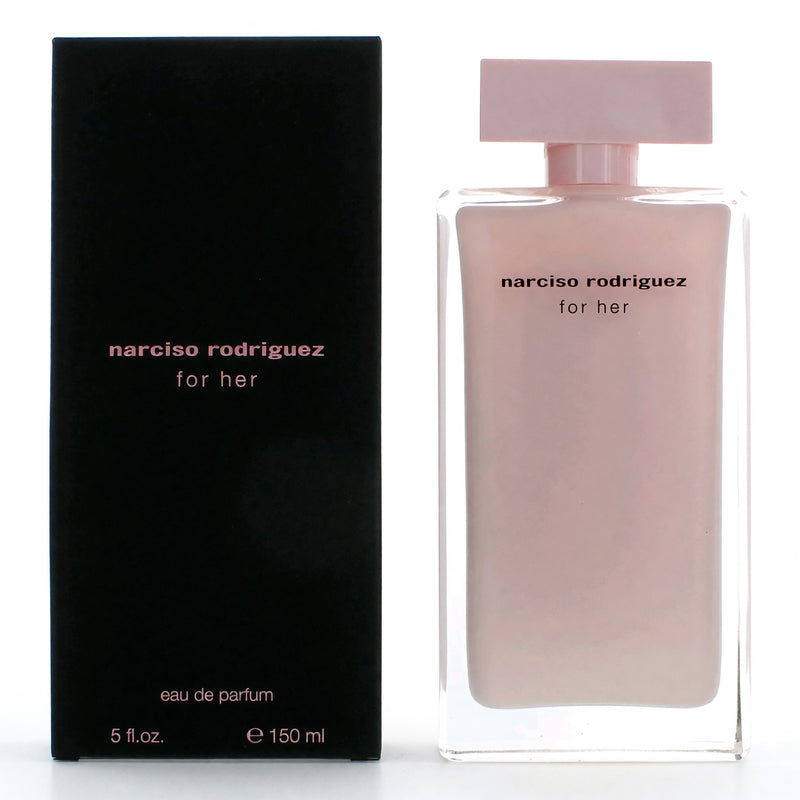 Narciso Rodriguez women's 5 oz EDP spray bottle, elegant design with floral and musky fragrance visible on the packaging