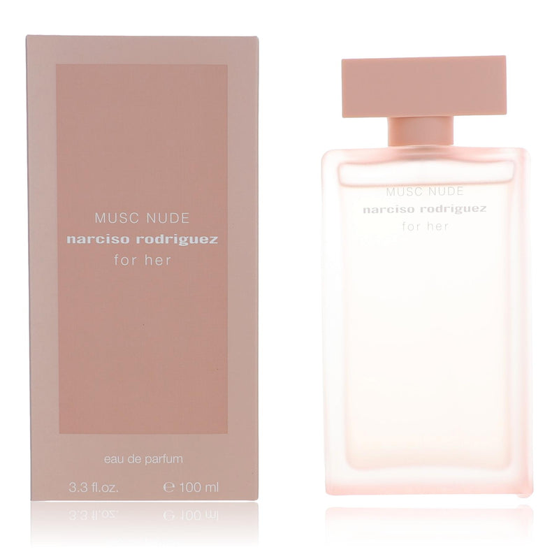 Narciso Rodriguez Musc Nude 3.3oz EDP spray for women, featuring a sleek bottle and elegant packaging.