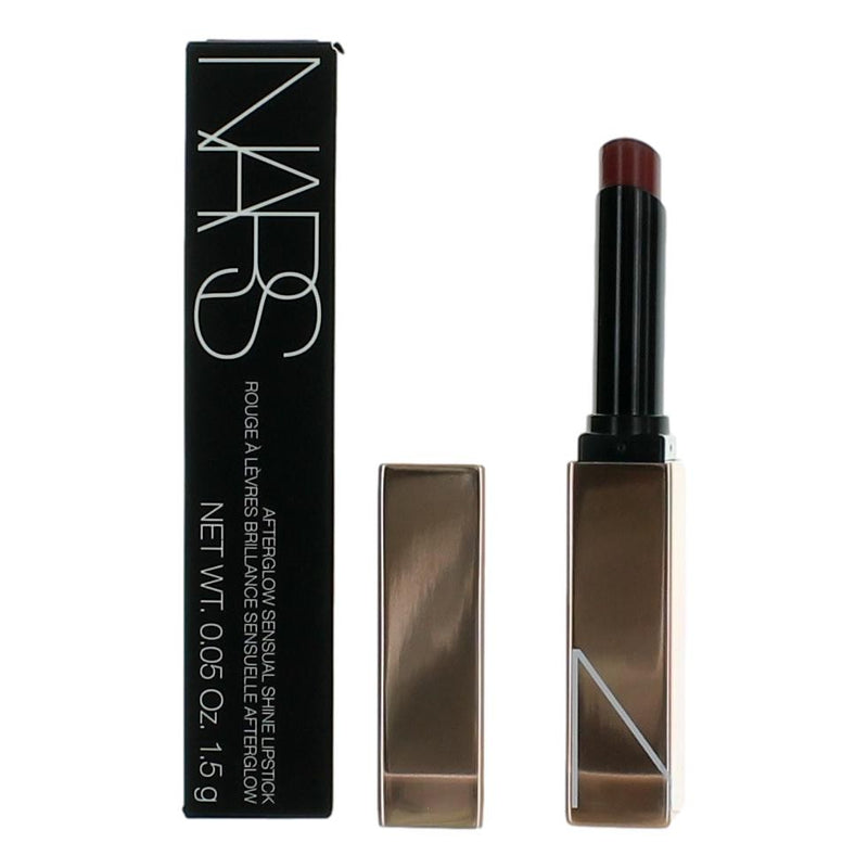 Nars Afterglow Sensual Shine Lipstick in Voltage 222, showing a close-up of the sleek bullet with shiny, vibrant coral color.