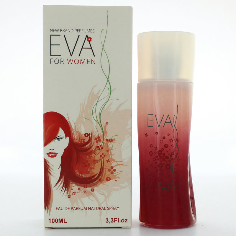 Eva by New Brand 3.3 oz women's EDP spray bottle, sleek design and floral accents visible in the image.