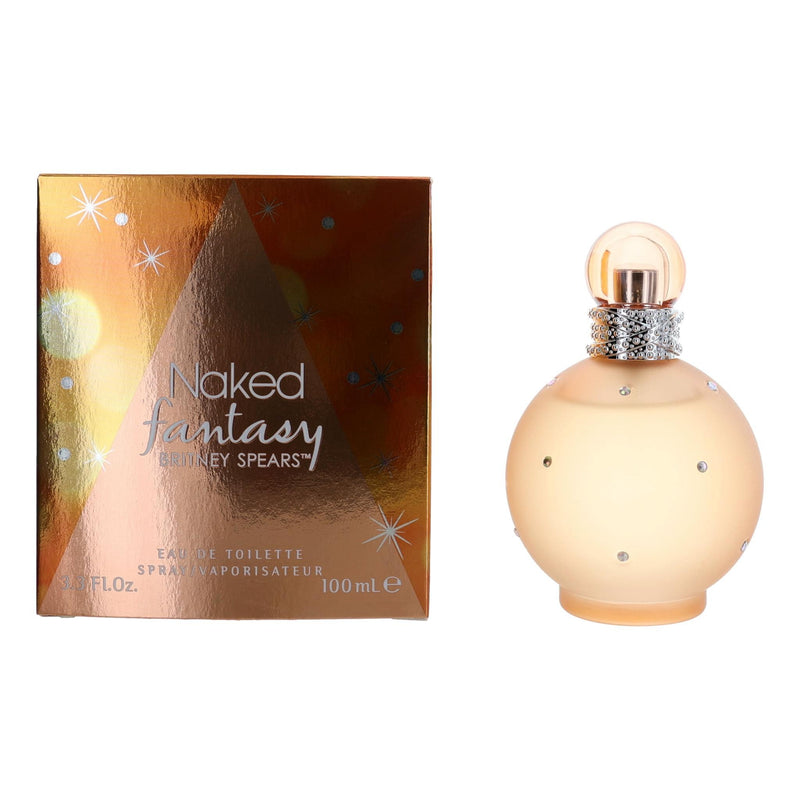 Britney Spears Naked Fantasy 3.3 oz women's EDT spray bottle with a sleek design and floral accents.