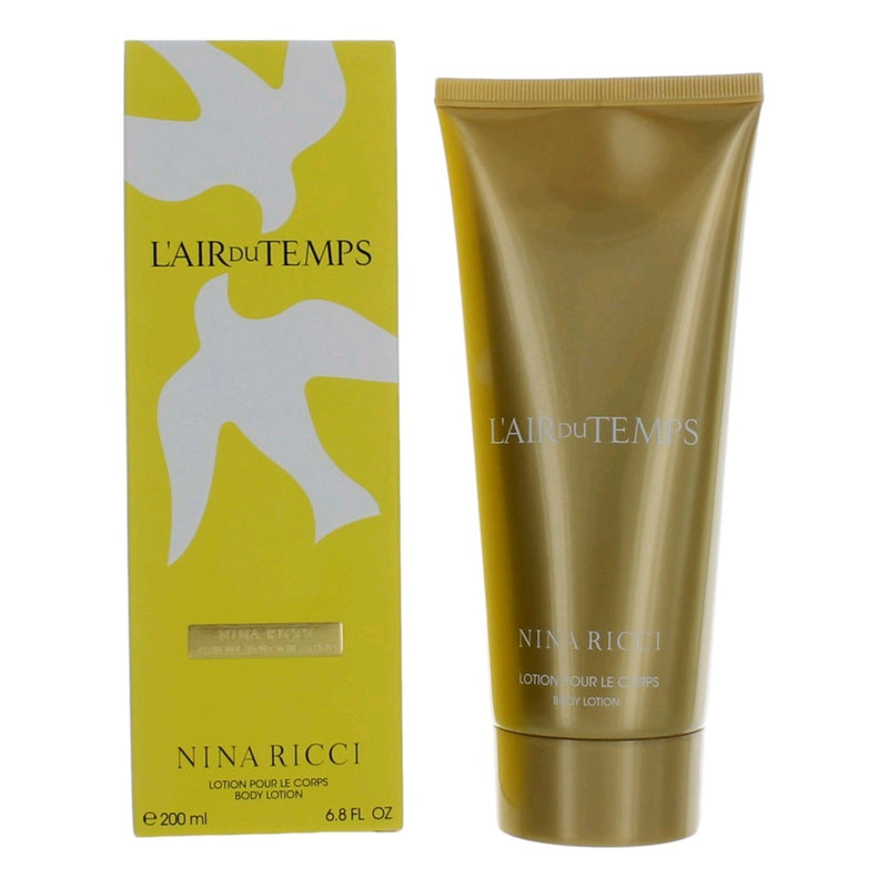 Nina Ricci L'air du Temps 6.8 oz body lotion for women, creamy white packaging with floral design, physical product.