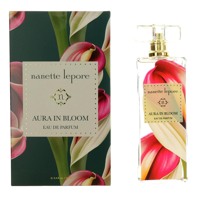 Nanette Lepore Aura In Bloom 3.4 oz women’s EDP spray bottle with floral branding and elegant packaging.