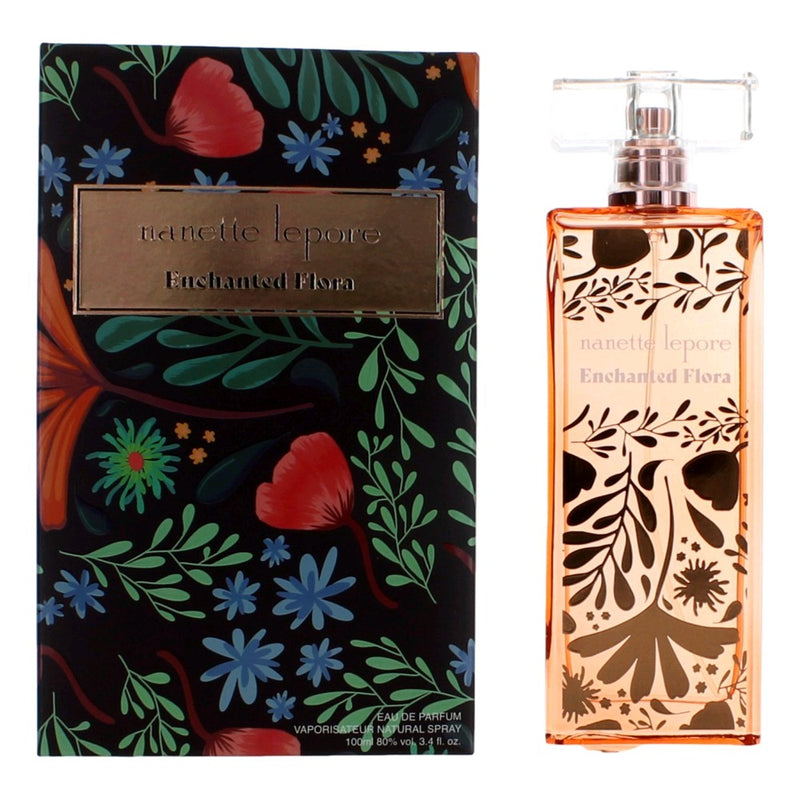 Enchanted Flora by Nanette Lepore 3.4 oz women's Eau de Parfum spray, elegant bottle with floral design, on a white background.