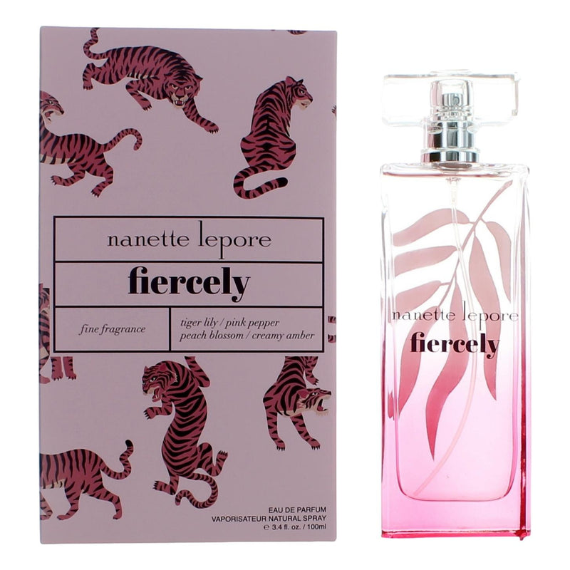 Fiercely by Nanette Lepore 3.4 oz women's Eau de Parfum spray bottle with elegant packaging and brand logo.