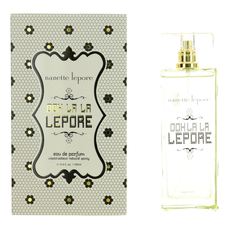 Nanette Lepore Ooh La La Lepore 3.4 oz women's EDP spray bottle with floral packaging and elegant design.
