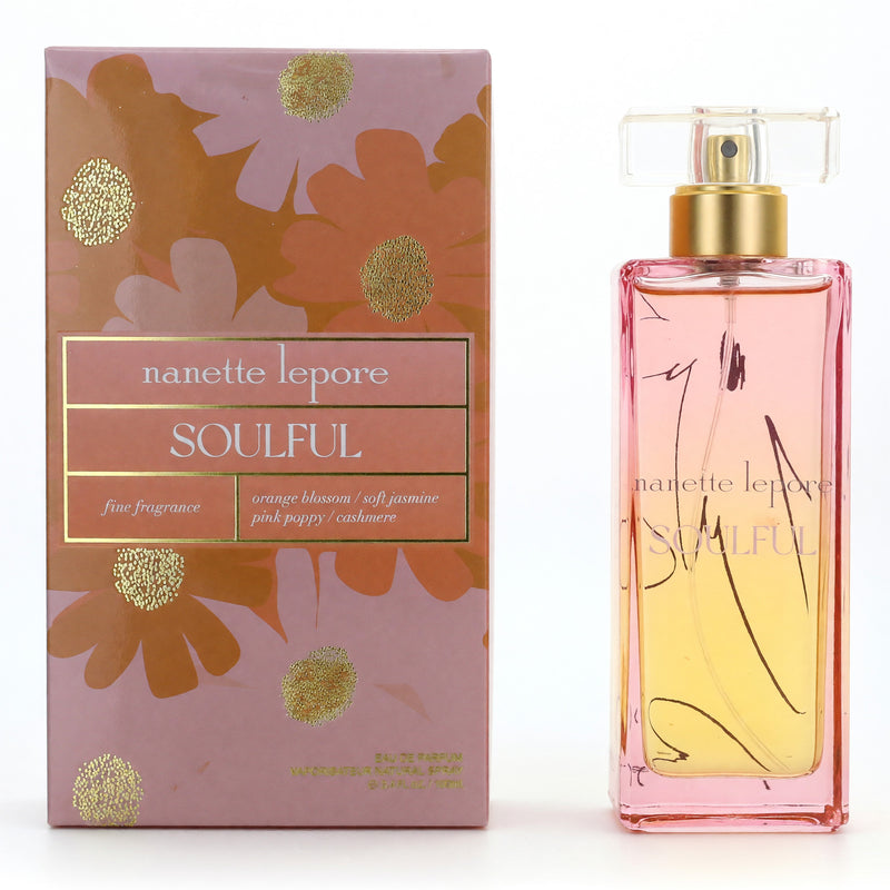 Nanette Lepore Soulful 3.4 oz women's EDP spray bottle, elegant perfume with floral and fruity notes in a sleek packaging