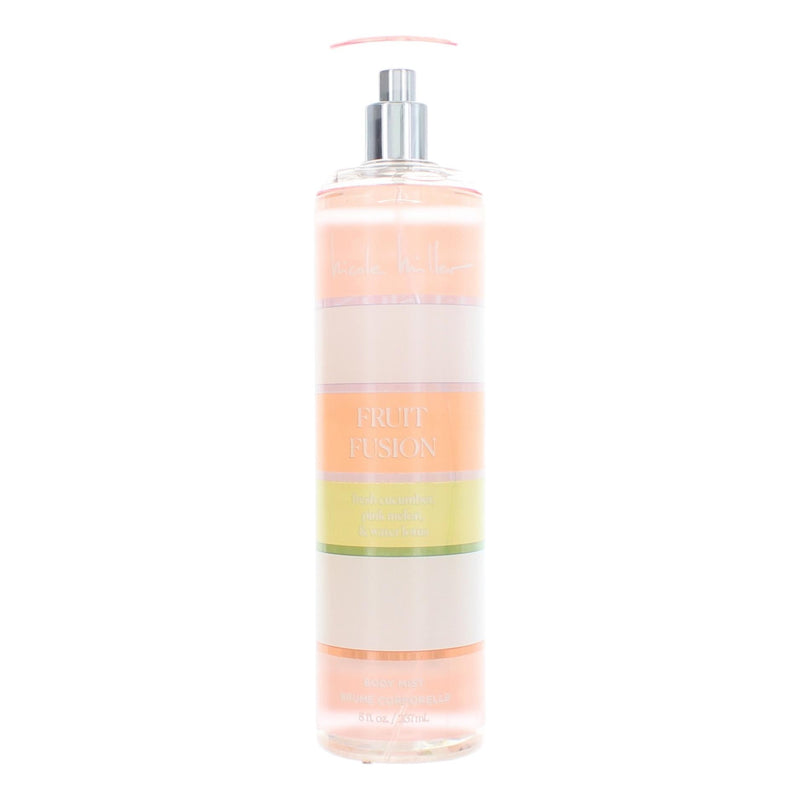 Nicole Miller Fruit Fusion 8 oz body mist for women, featuring a fruity fragrance with a sleek spray bottle design.