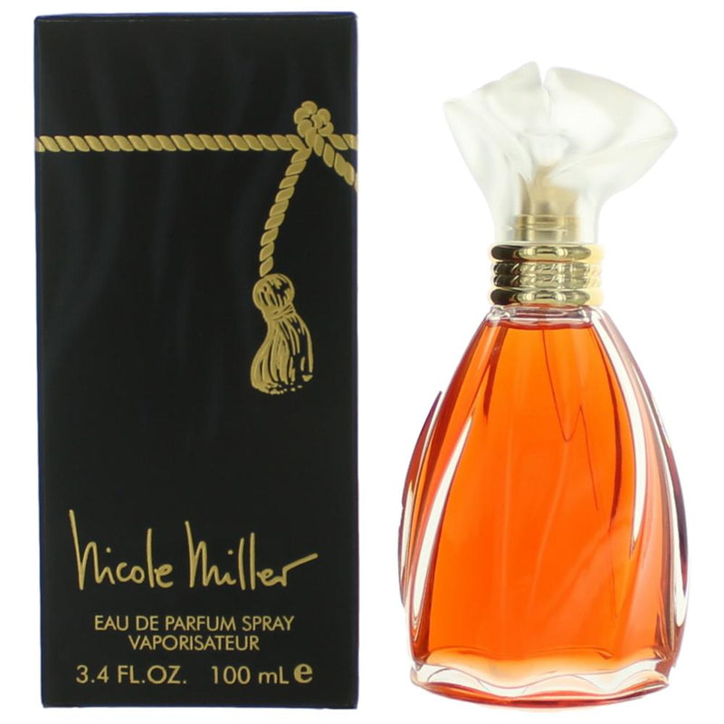 Nicole Miller women's 3.4 oz EDP spray bottle, elegant floral fragrance for women, shown in a sleek, stylish container.