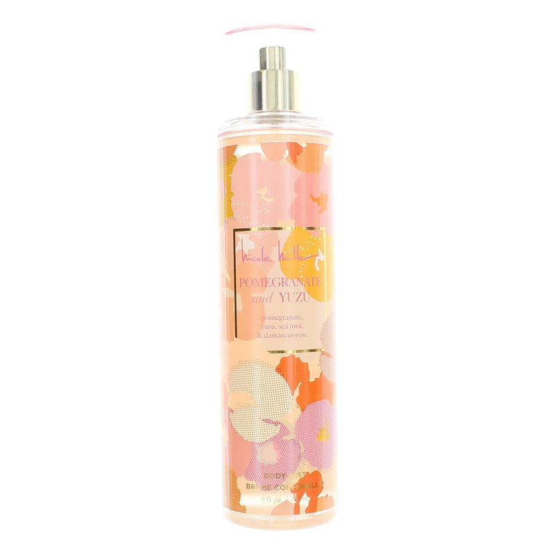 Nicole Miller Pomegranate and Yuzu 8 oz body mist for women, featuring a stylish bottle with a fresh, fruity fragrance design.