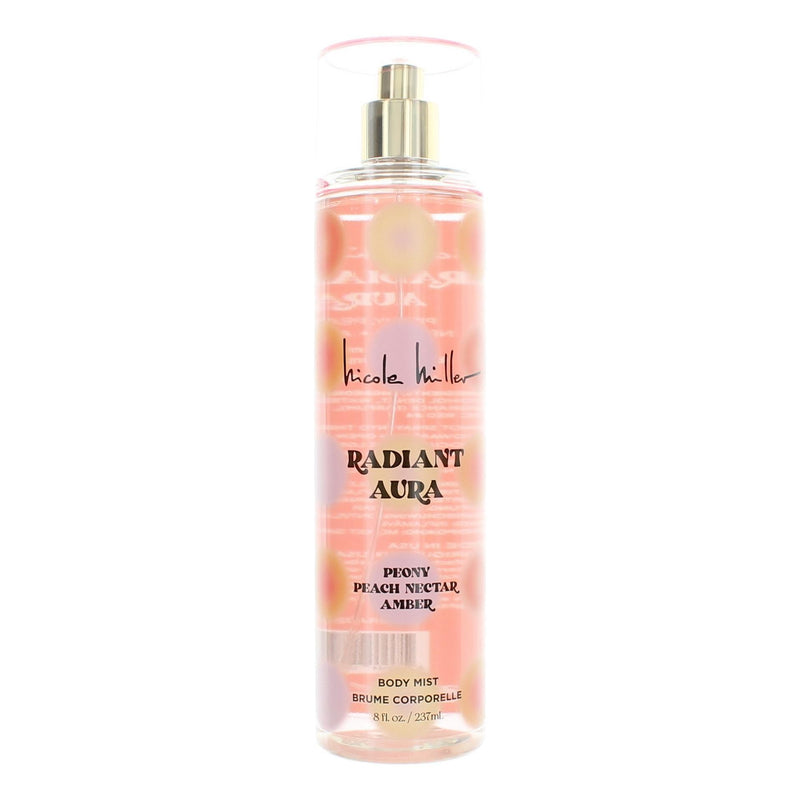 Nicole Miller Radiant Aura 8 oz body mist for women, featuring a sleek bottle and fresh, floral scent.