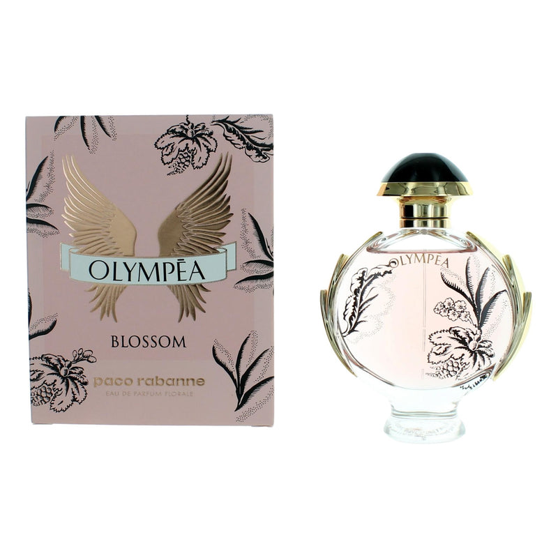 Paco Rabanne Olympea Blossom 2.7 oz floral EDP spray for women, featuring a sleek perfume bottle with a floral design.