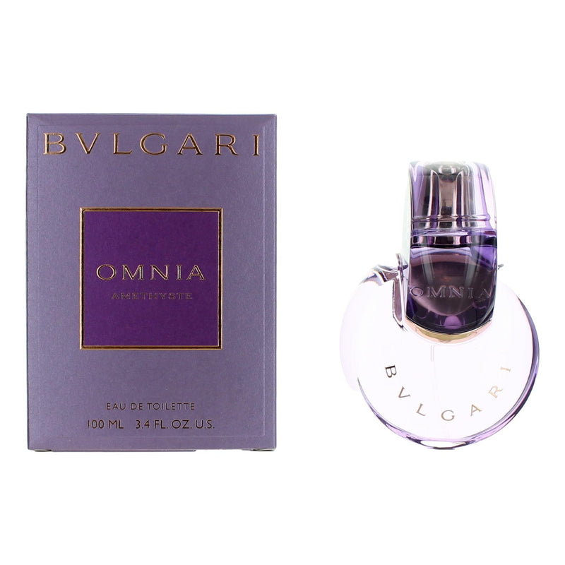 Bvlgari Omnia Amethyste 3.4 oz women’s EDT spray bottle with elegant purple packaging and floral design.