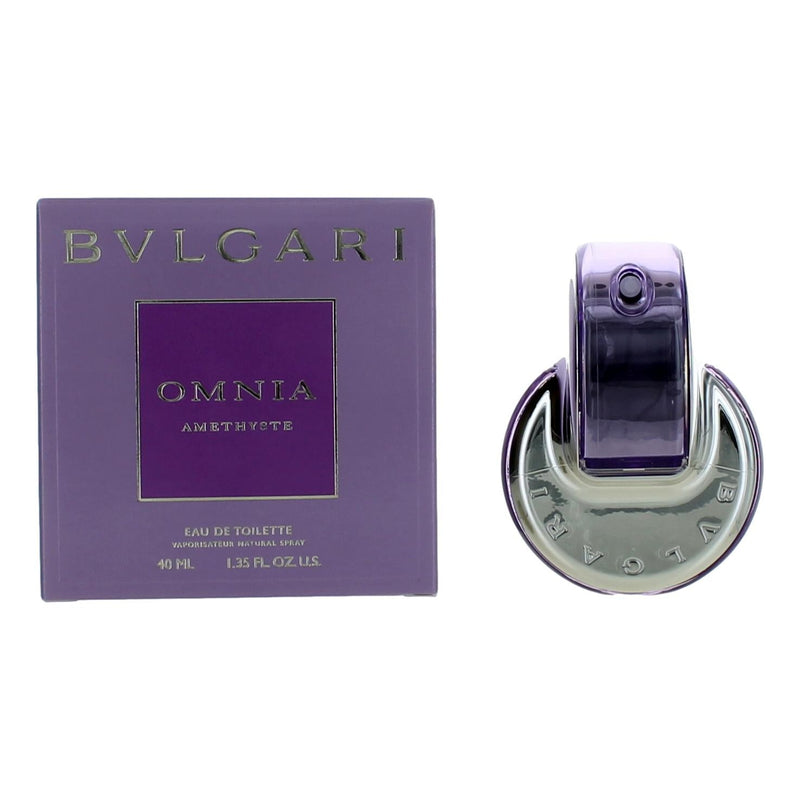 Bvlgari Omnia Amethyste 1.35 oz women's EDT spray bottle with purple and silver packaging.