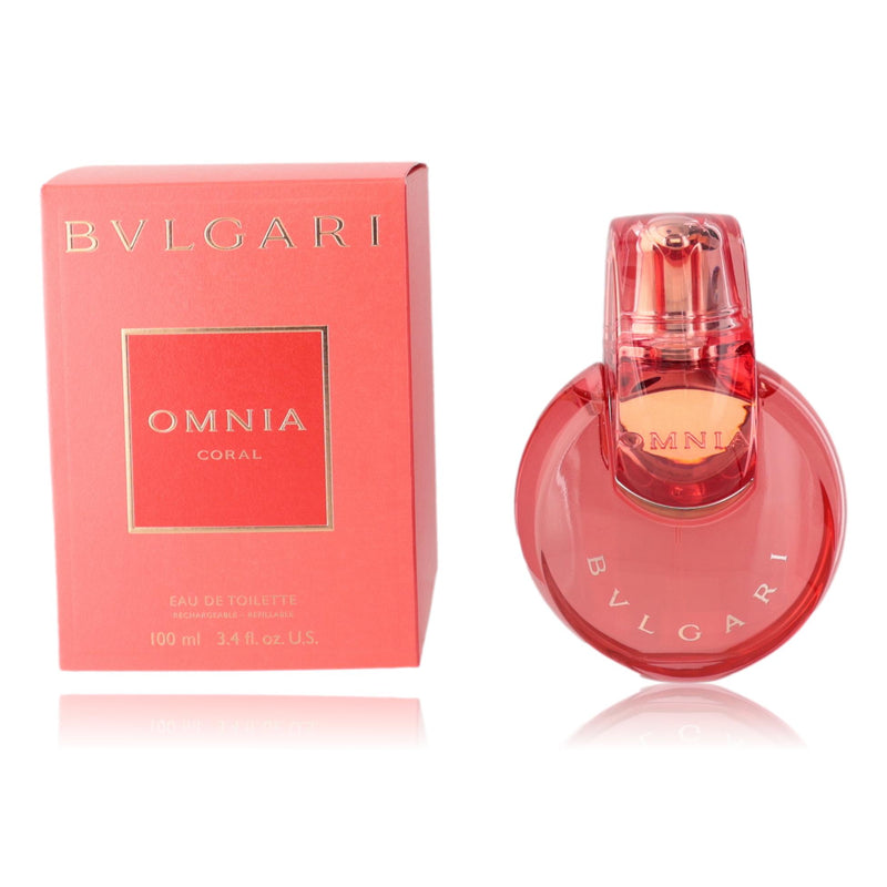 Bvlgari Omnia Coral 3.4 oz women's EDT spray bottle with coral-colored cap and elegant packaging.