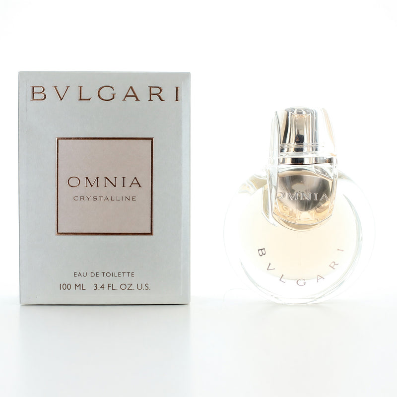 Bvlgari Omnia Crystalline 3.4 oz women's EDT spray bottle with sleek packaging and clear glass design.