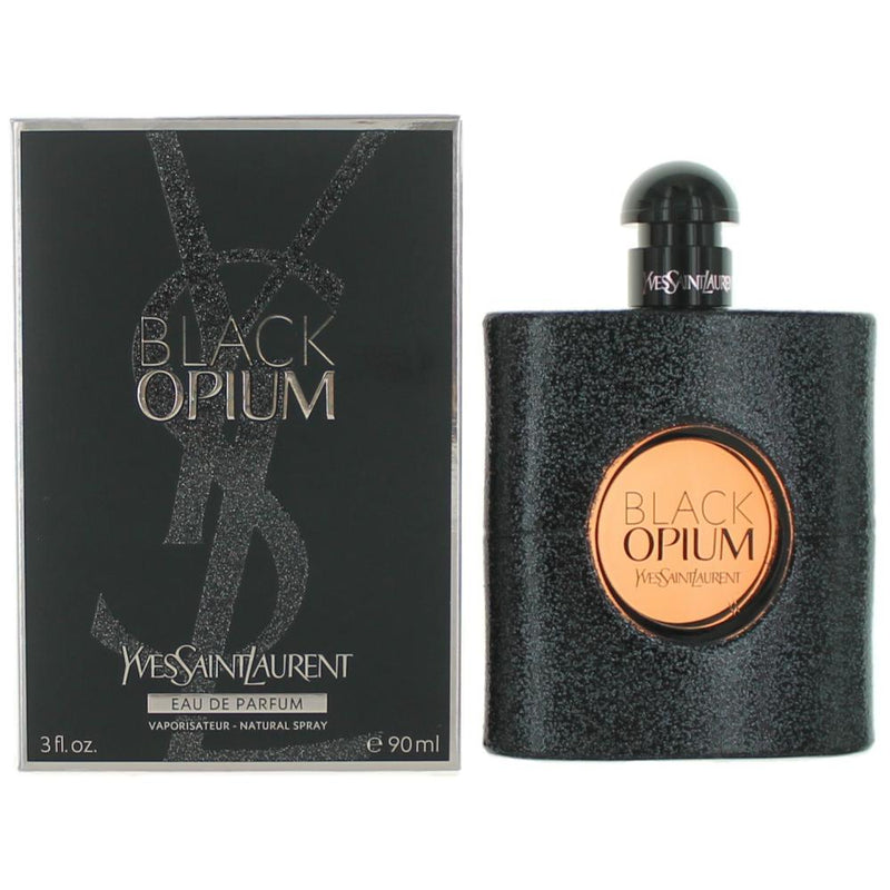 Yves Saint Laurent Black Opium 3 oz Eau de Parfum spray for women, featuring a sleek black bottle and modern design.