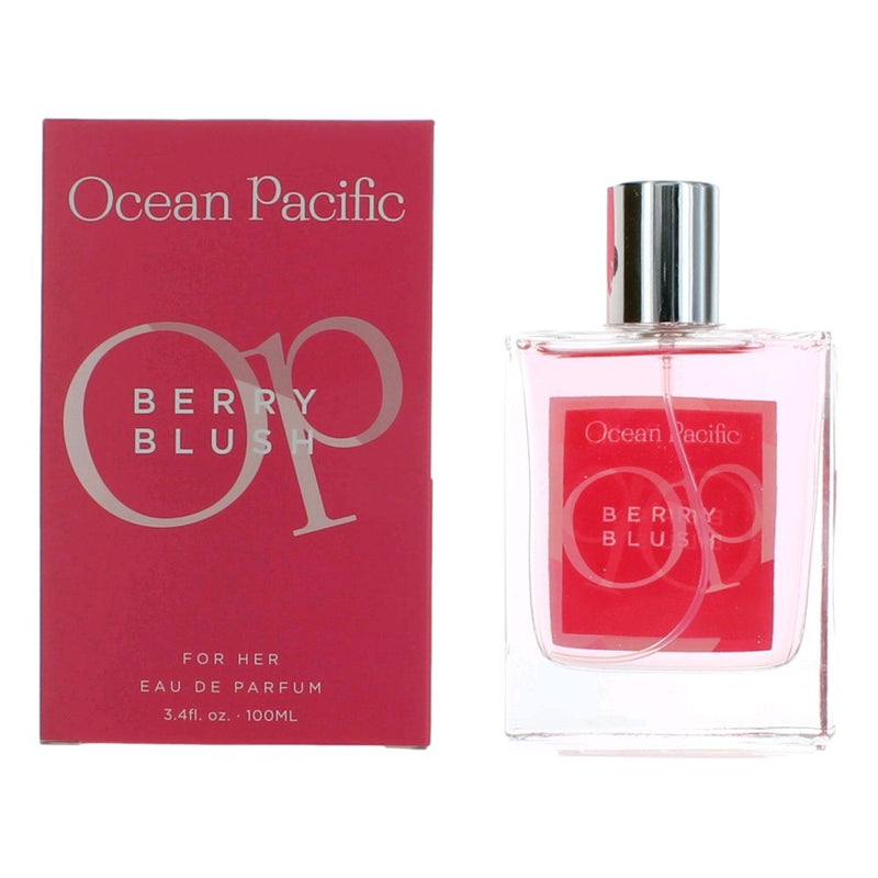 Ocean Pacific OP Berry Blush 3.4 oz women’s EDP spray bottle, showing the perfume container with pink and purple design.