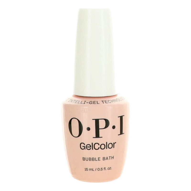 OPI Gel Nail Polish in Bubble Bath, 0.5 oz, showing a smooth, pastel pink gel color in a clear bottle with OPI branding.