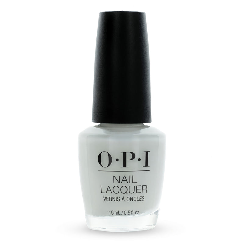 OPI Nail Lacquer in Alpine Snow, 0.5 oz bottle with white nail color and sleek black cap, displayed on a neutral background.