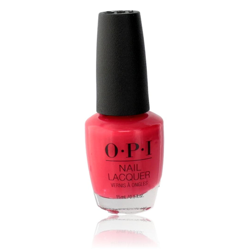 OPI Nail Lacquer in Cajun Shrimp, 0.5 oz bottle, showing vibrant coral-orange nail polish color and brand logo on the cap.