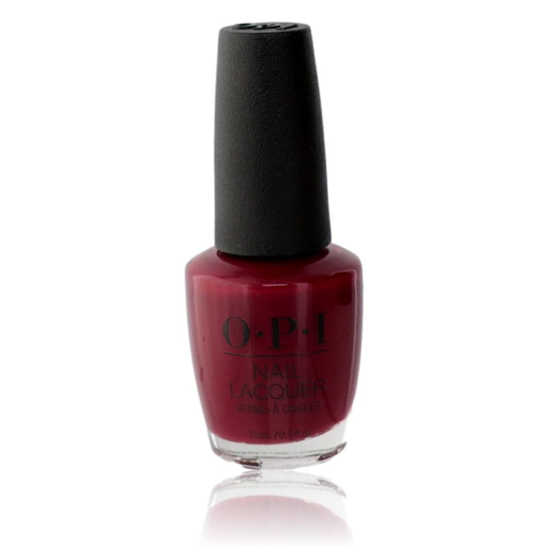 OPI Nail Lacquer in Malaga Wine, 0.5 oz bottle showing deep, rich burgundy nail color with shiny finish.