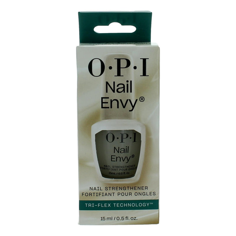 OPI Nail Envy nail strengthener in 0.5 oz bottle, clear formula to strengthen and protect natural nails, shown in the image.