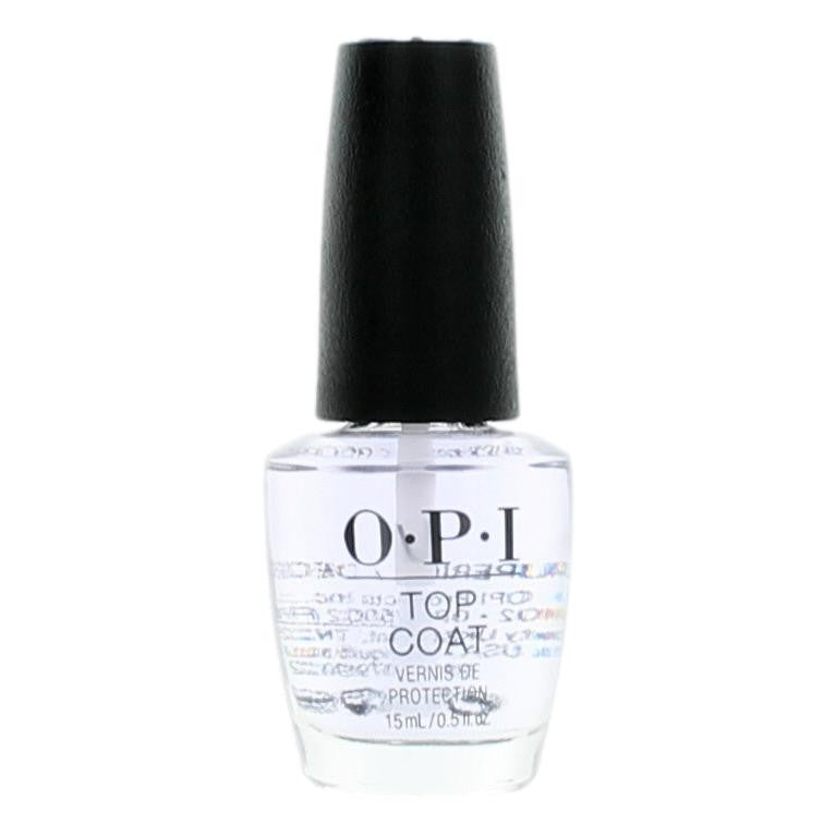 OPI Nail Lacquer top coat bottle, 0.5 oz, clear nail color enhancer with sleek black cap, displayed on a neutral background.