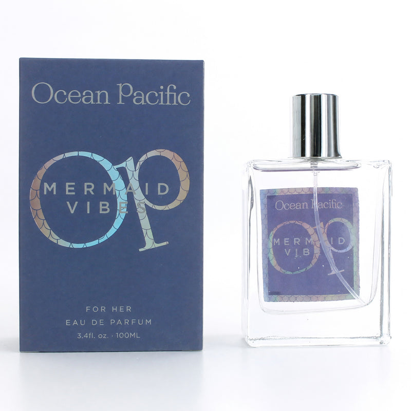 Ocean Pacific Mermaid Vibes 3.4 oz women’s EDP spray bottle with a sleek, colorful design and floral accents.