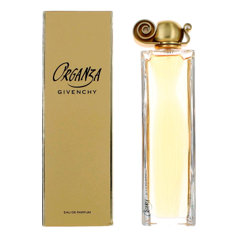 Givenchy Organza 3.3 oz women's EDP spray bottle, elegant floral fragrance with a sleek glass design and white cap.
