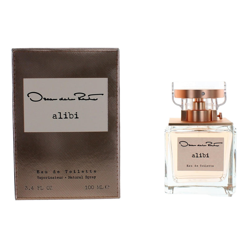 Oscar De La Renta Alibi 3.4 oz women’s EDT spray bottle with elegant packaging and floral accents.