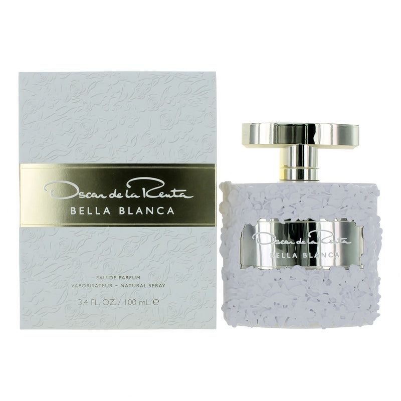 Oscar De La Renta Bella Blanca 3.4 oz women’s EDP spray bottle with elegant floral design